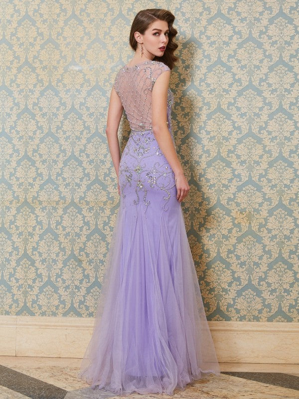Trumpet/Mermaid Scoop Sleeveless Beading Floor-length Tulle Dresses
