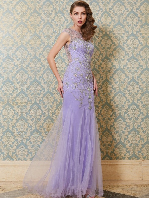 Trumpet/Mermaid Scoop Sleeveless Beading Floor-length Tulle Dresses