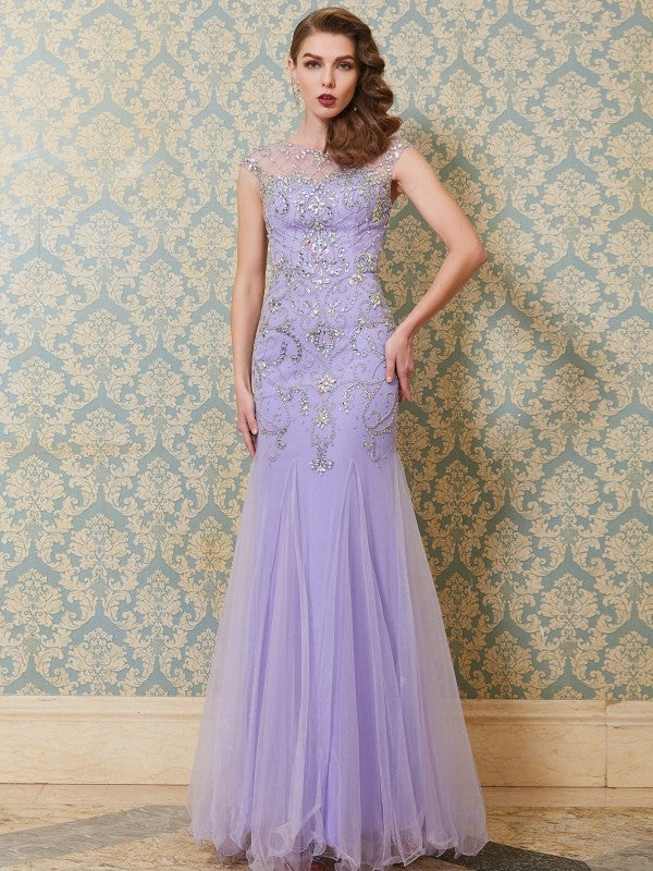 Trumpet/Mermaid Scoop Sleeveless Beading Floor-length Tulle Dresses