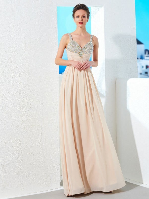 A-Line/Princess Spaghetti Straps Beading Floor-Length Chiffon Dresses