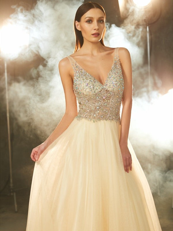 Ball Gown V-neck Sleeveless Beading Floor-length Tulle Dresses