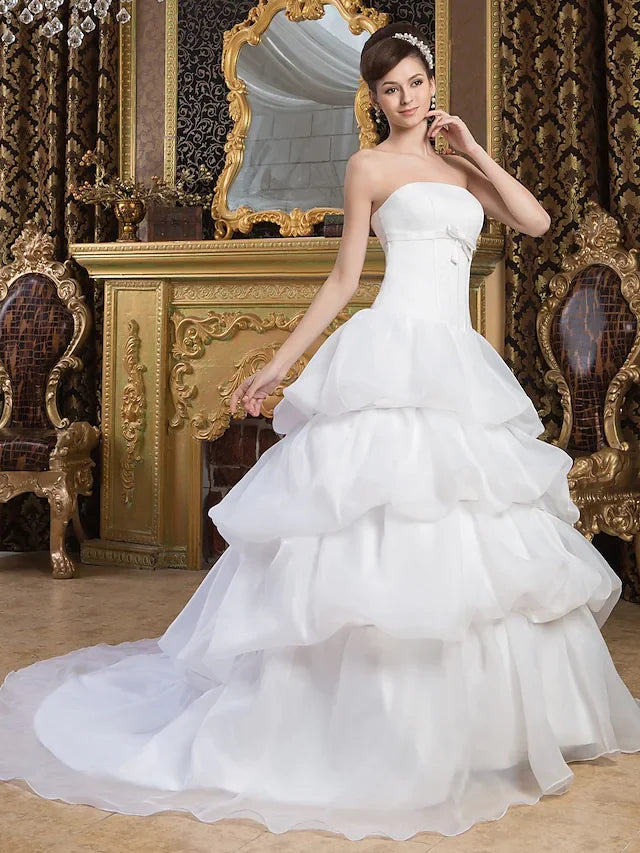DingjiBall Gown Wedding Dresses Strapless Court Train Organza Satin Strapless with Pick Up Skirt Bow(s)