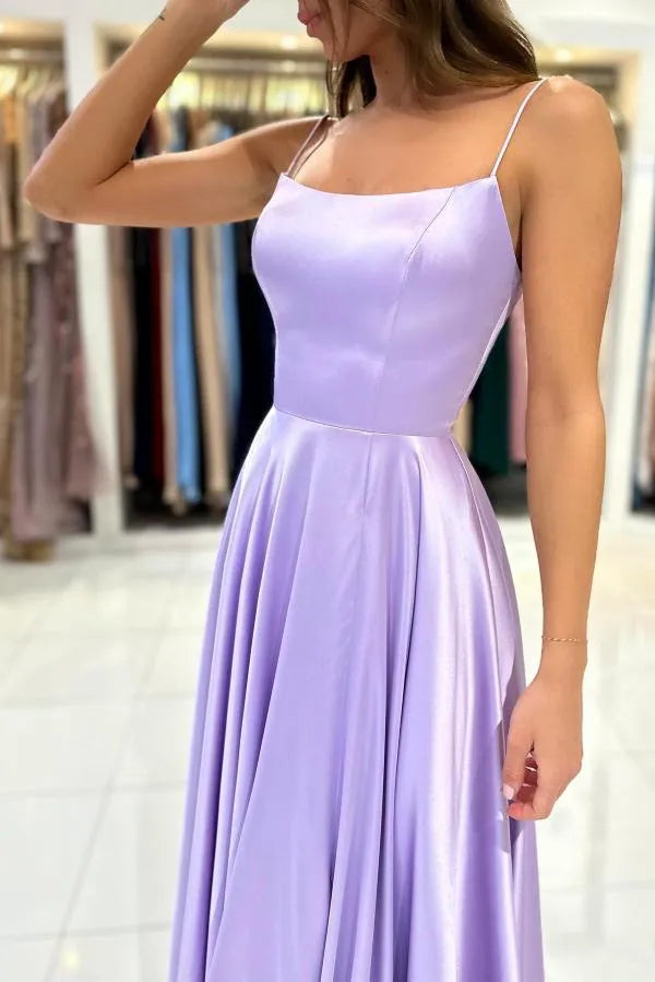 Long A-line Spaghetti Straps Satin Backless Prom Dress with Ruffles