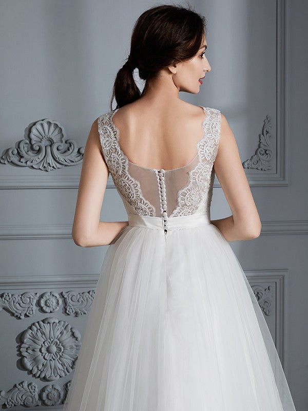 A-Line/Princess Sleeveless V-neck Sweep/Brush Train Tulle Wedding Dresses