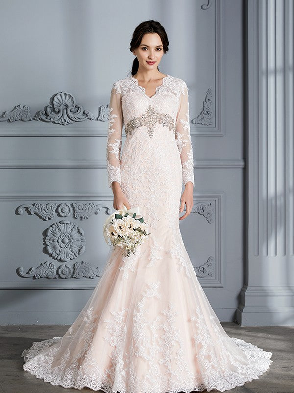 Trumpet/Mermaid V-Neck Beading Long Sleeves Sweep/Brush Train Tulle Wedding Dresses