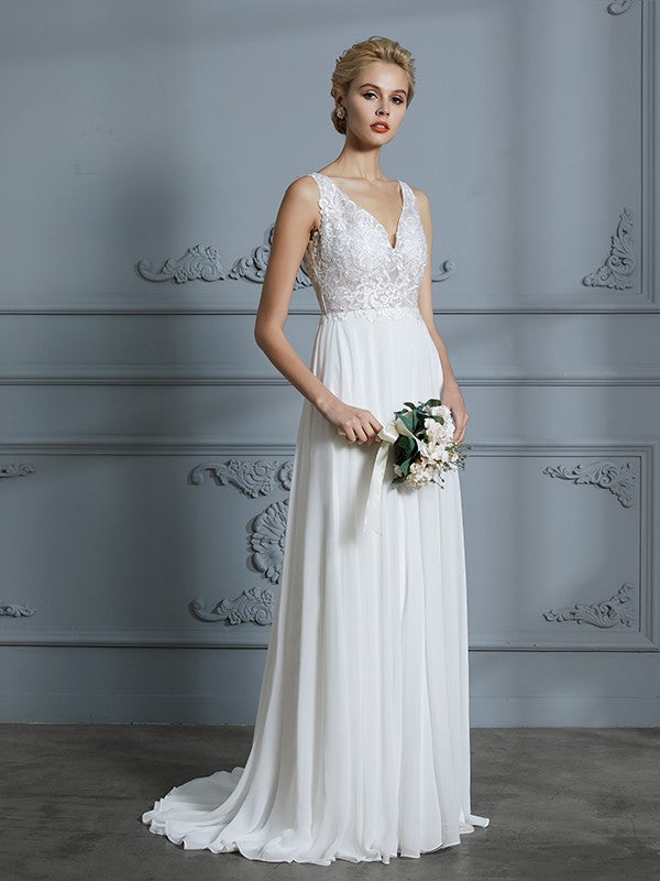 A-Line/Princess Sleeveless V-neck Sweep/Brush Train Chiffon Wedding Dresses