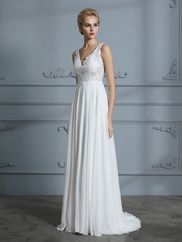 A-Line/Princess Sleeveless V-neck Sweep/Brush Train Chiffon Wedding Dresses