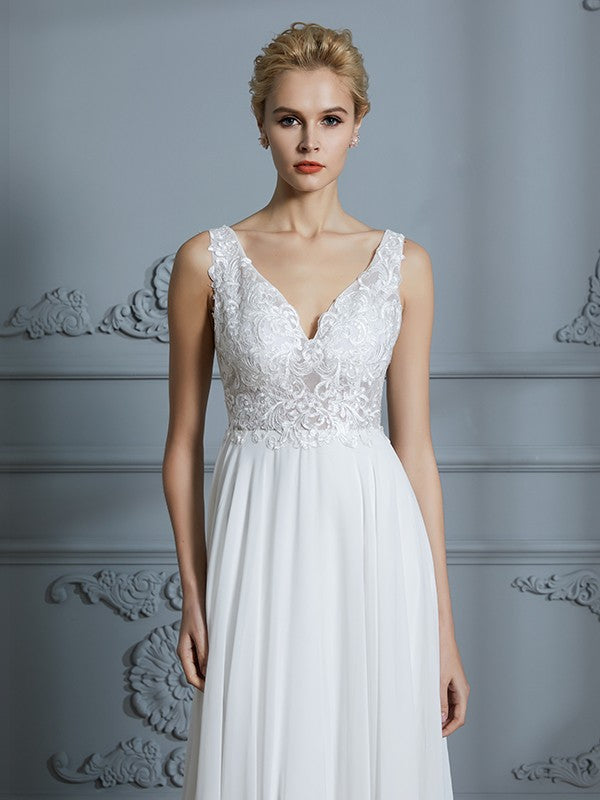 A-Line/Princess Sleeveless V-neck Sweep/Brush Train Chiffon Wedding Dresses