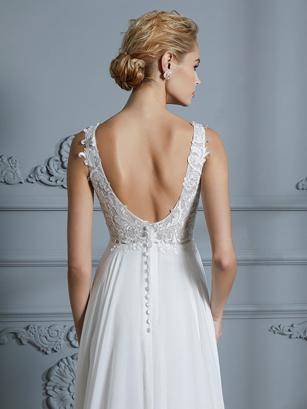 A-Line/Princess Sleeveless V-neck Sweep/Brush Train Chiffon Wedding Dresses