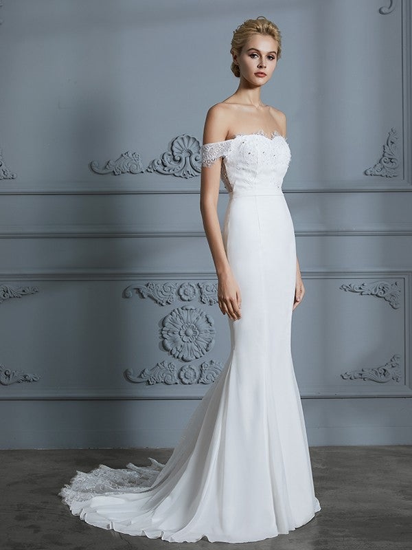 Trumpet/Mermaid Off-the-Shoulder Sleeveless Lace Chiffon Sweep/Brush Train Wedding Dresses