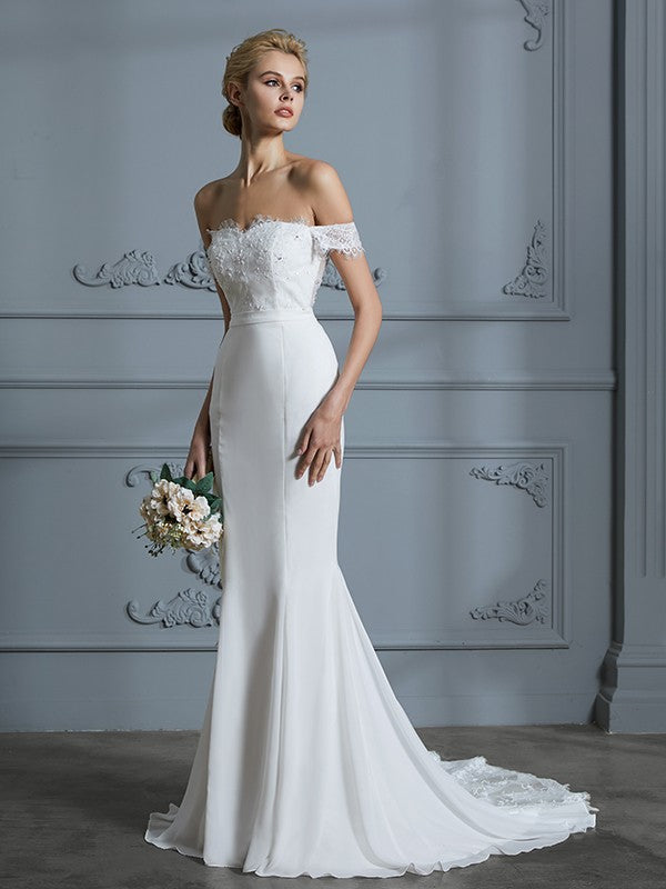 Trumpet/Mermaid Off-the-Shoulder Sleeveless Lace Chiffon Sweep/Brush Train Wedding Dresses