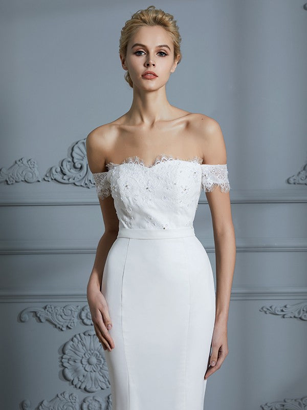 Trumpet/Mermaid Off-the-Shoulder Sleeveless Lace Chiffon Sweep/Brush Train Wedding Dresses