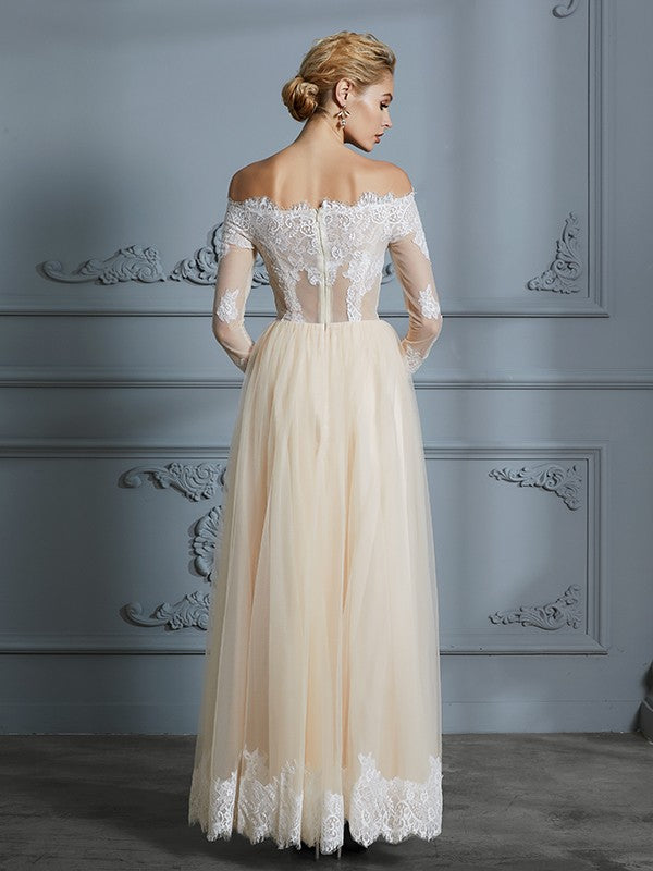 A-Line/Princess Off-the-Shoulder Long Sleeves Floor-Length Lace Tulle Wedding Dresses