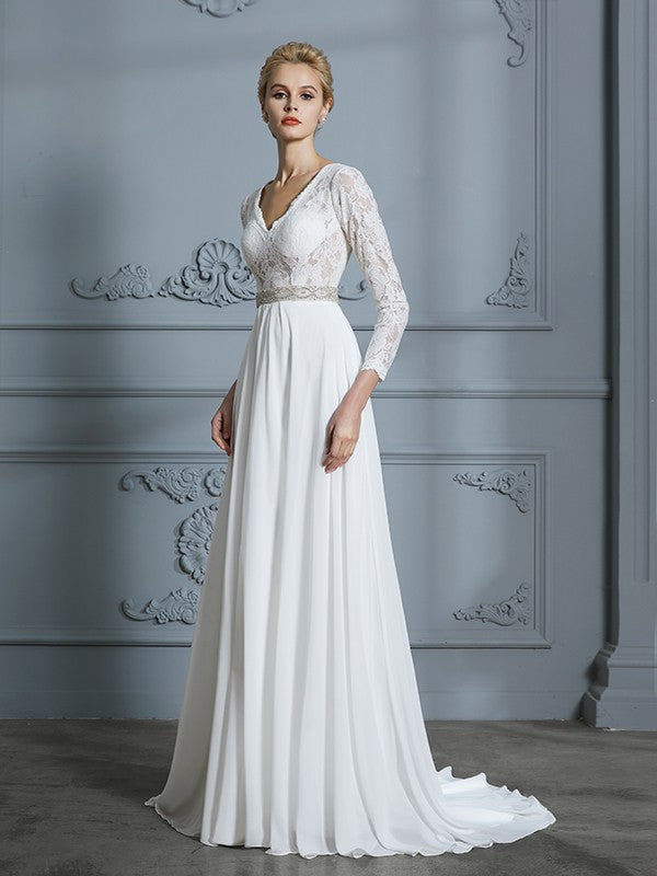 A-Line/Princess 3/4 Sleeves V-neck Lace Sweep/Brush Train Chiffon Wedding Dresses