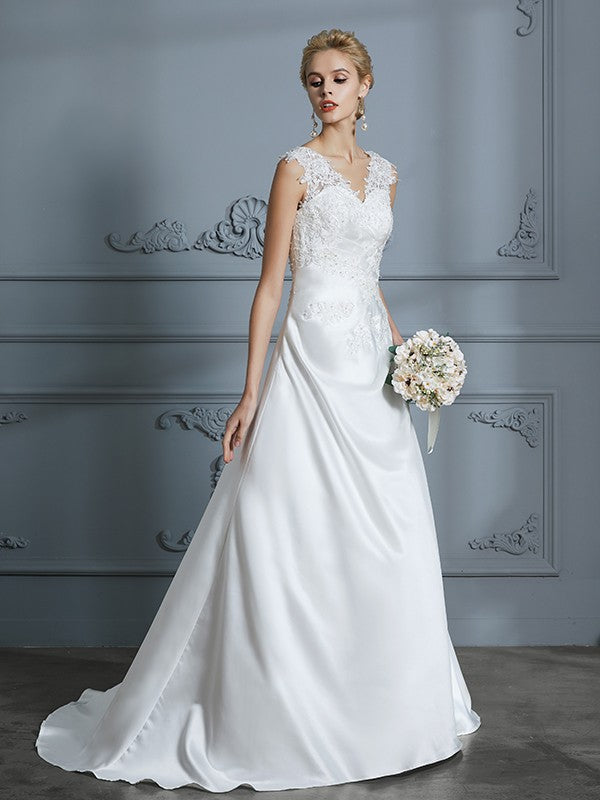 A-Line/Princess V-neck Sweep/Brush Train Sleeveless Applique Satin Wedding Dresses