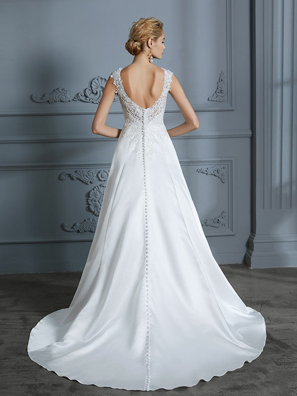 A-Line/Princess V-neck Sweep/Brush Train Sleeveless Applique Satin Wedding Dresses