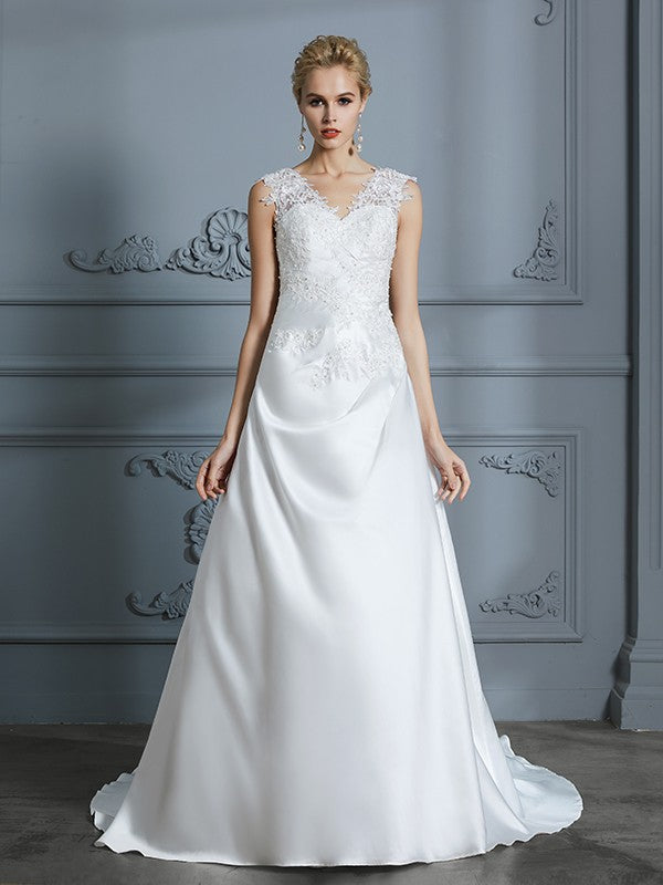 A-Line/Princess V-neck Sweep/Brush Train Sleeveless Applique Satin Wedding Dresses