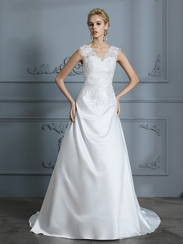 A-Line/Princess V-neck Sweep/Brush Train Sleeveless Applique Satin Wedding Dresses
