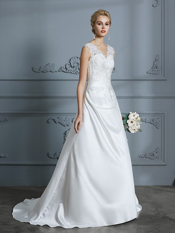 A-Line/Princess V-neck Sweep/Brush Train Sleeveless Applique Satin Wedding Dresses