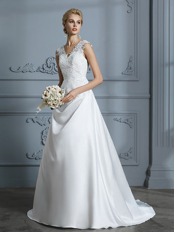 A-Line/Princess V-neck Sweep/Brush Train Sleeveless Applique Satin Wedding Dresses