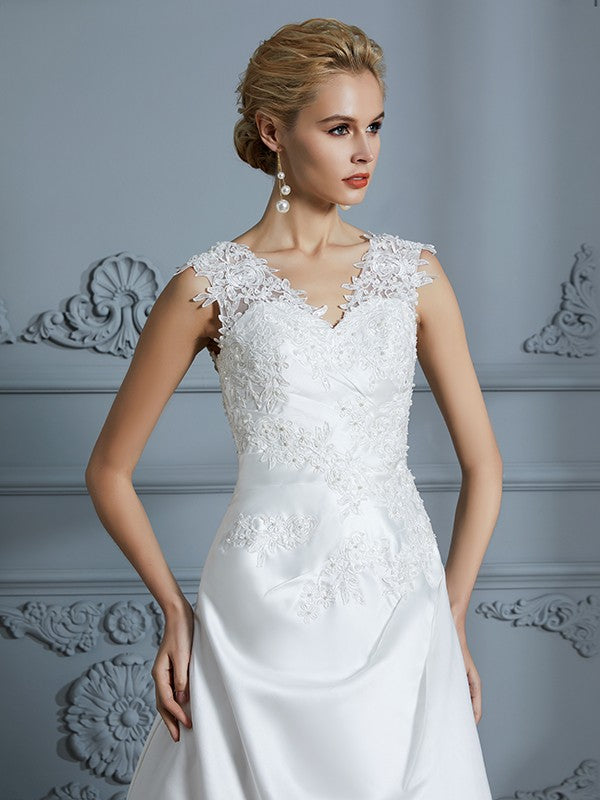 A-Line/Princess V-neck Sweep/Brush Train Sleeveless Applique Satin Wedding Dresses