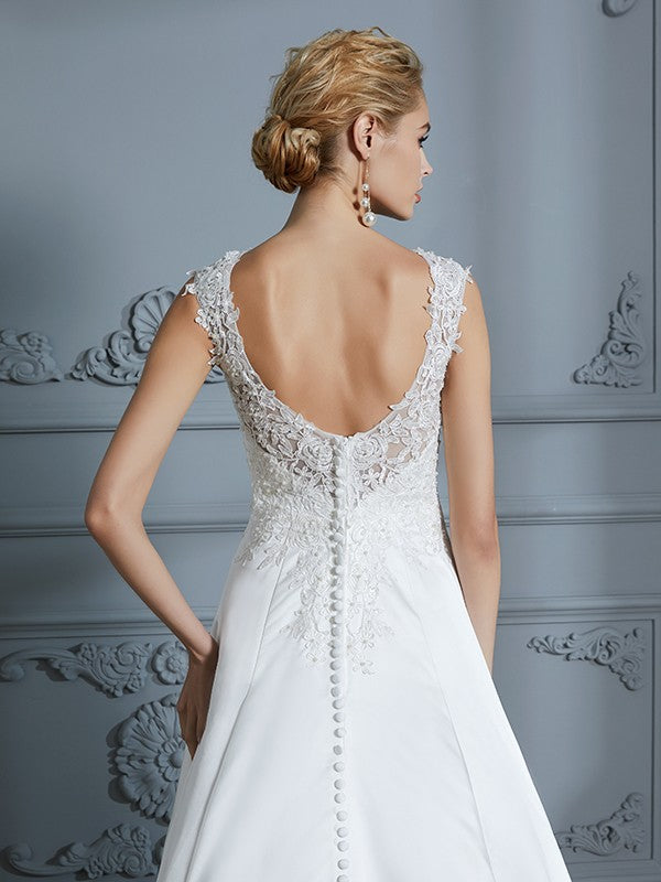 A-Line/Princess V-neck Sweep/Brush Train Sleeveless Applique Satin Wedding Dresses