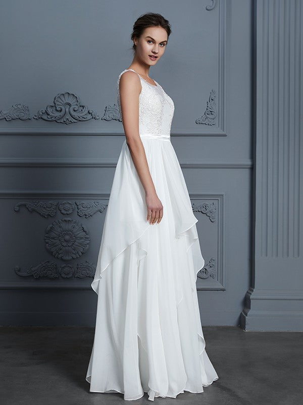 A-Line/Princess Scoop Sleeveless Ruffles Floor-Length Chiffon Wedding Dresses