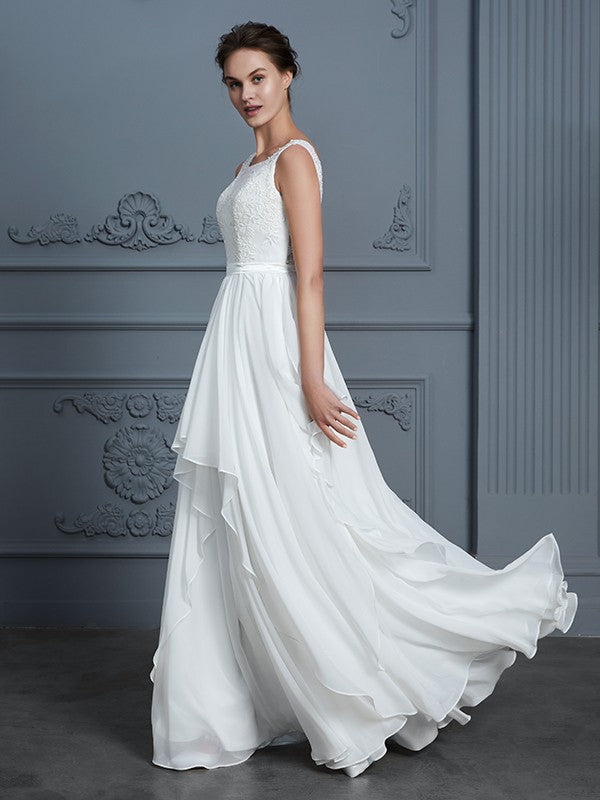 A-Line/Princess Scoop Sleeveless Ruffles Floor-Length Chiffon Wedding Dresses