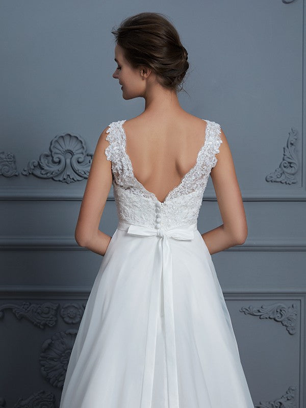 A-Line/Princess V-neck Sleeveless Floor-Length Organza Wedding Dresses
