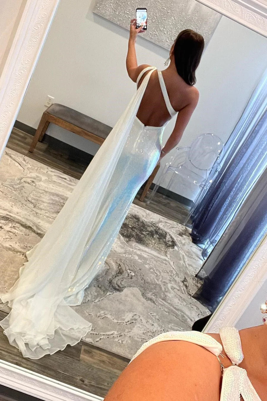 Sequins One-Shoulder Cut-Out Long Prom Dress with Scarf