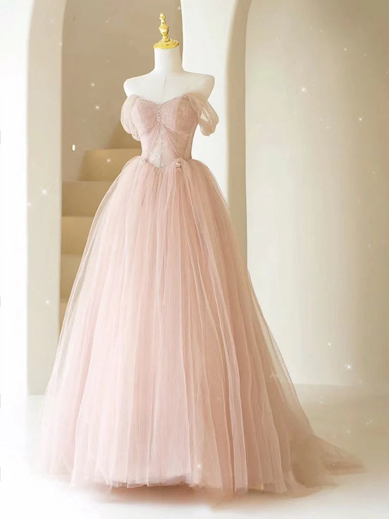 A-Line Sweetheart Neck Tulle Lace Long Pink Prom Dress