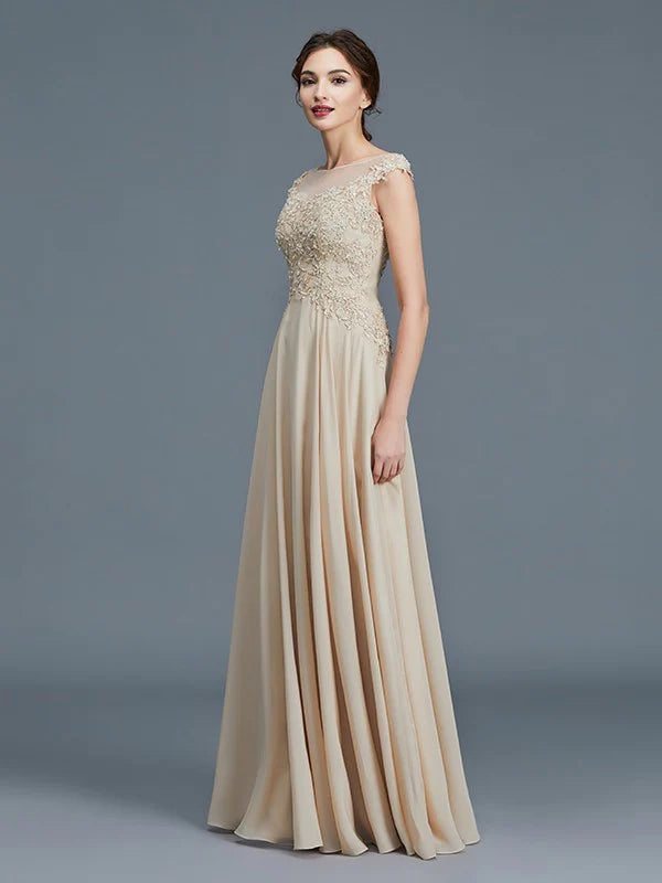 A-Line Princess Scoop Sleeveless Ruffles Chiffon Floor-Length Mother of the Bride Dresses