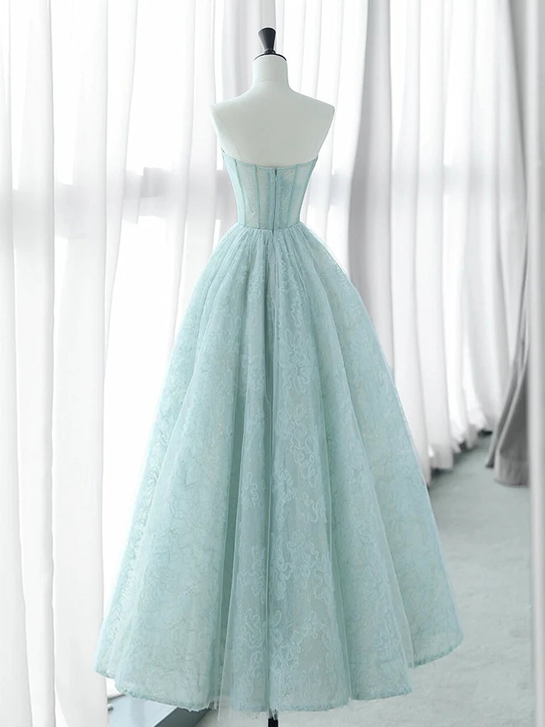 A-Line Sweetheart Neck Tulle Lace Blue Long Prom Dress
