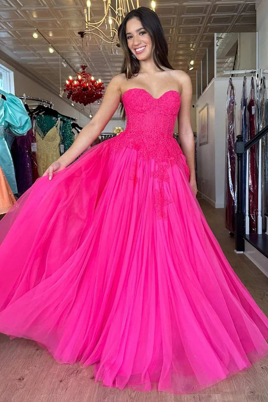 Tulle Lace Strapless A-Line Long Prom Dress