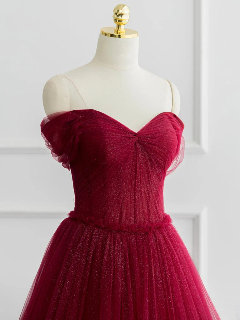 A-line Off Shoulder Tulle Shiny Burgundy Long Prom Dress