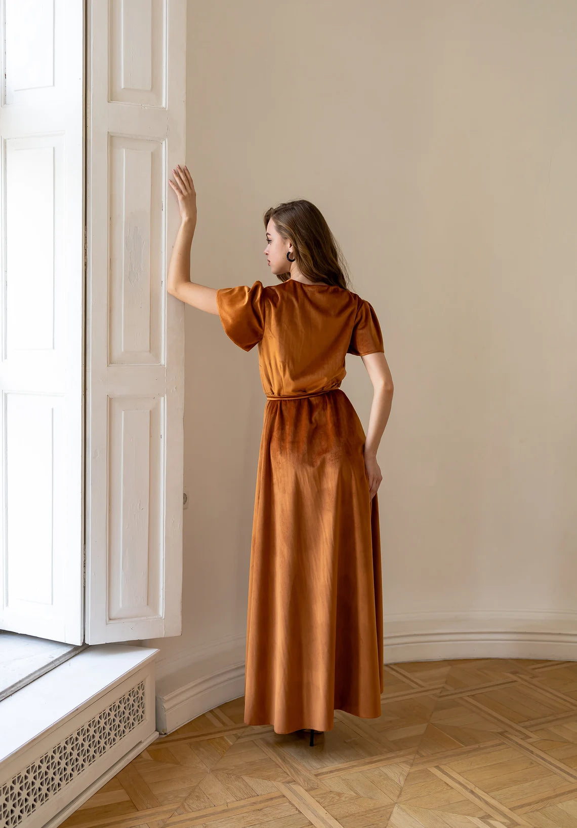 Rust velvet dress Prom dresses velvet Rust copper dress Modest wrap dress Evening dress