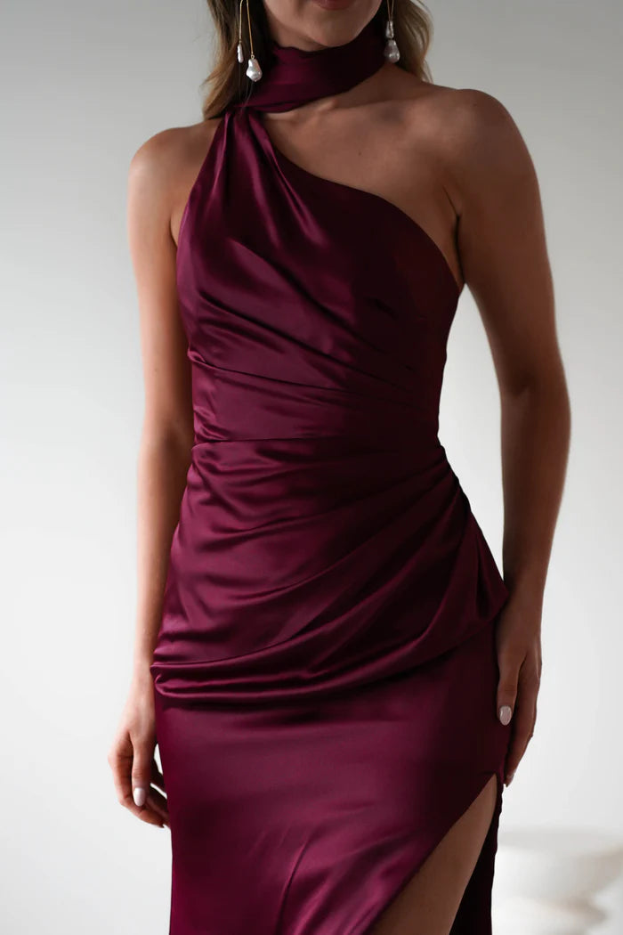 Dingji Weddingji Dresse Burgundy split neck formal bridesmaid dress