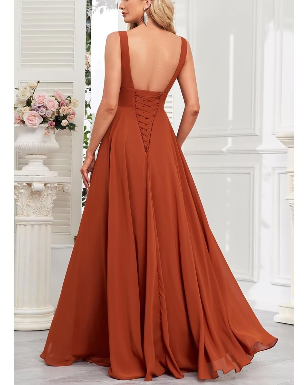 Women's V-Neck Prom Dress with Slit Long Wedding Guest Dresses Chiffon Sleeveless Formal Party Gown
