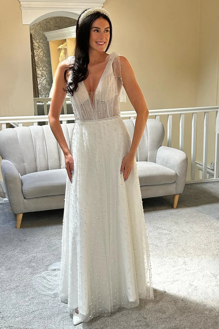 Tulle Pearls Bow Strap A-Line Bridal Gown