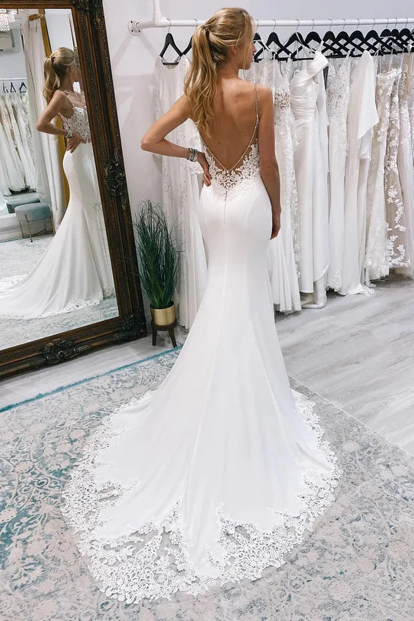 Mermaid V Neck White Satin Lace Wedding Dresses with Train