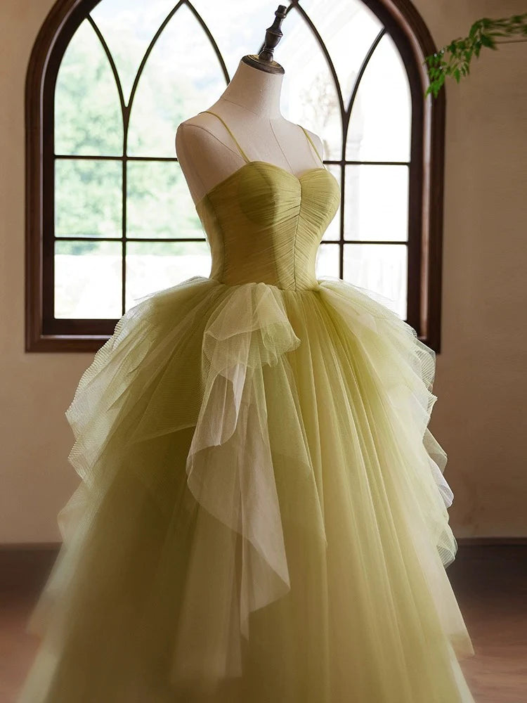 A-Line Sweetheart Neck Tulle Green Long Prom Dress