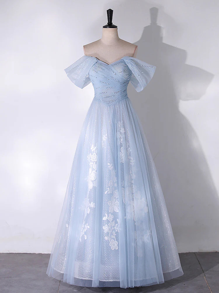 Off Shoulder Tulle Lace Blue Long Prom Dress Blue Long Formal Dress