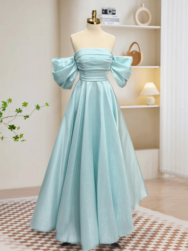 A-Line Off Shoulder Blue Long Prom Dress