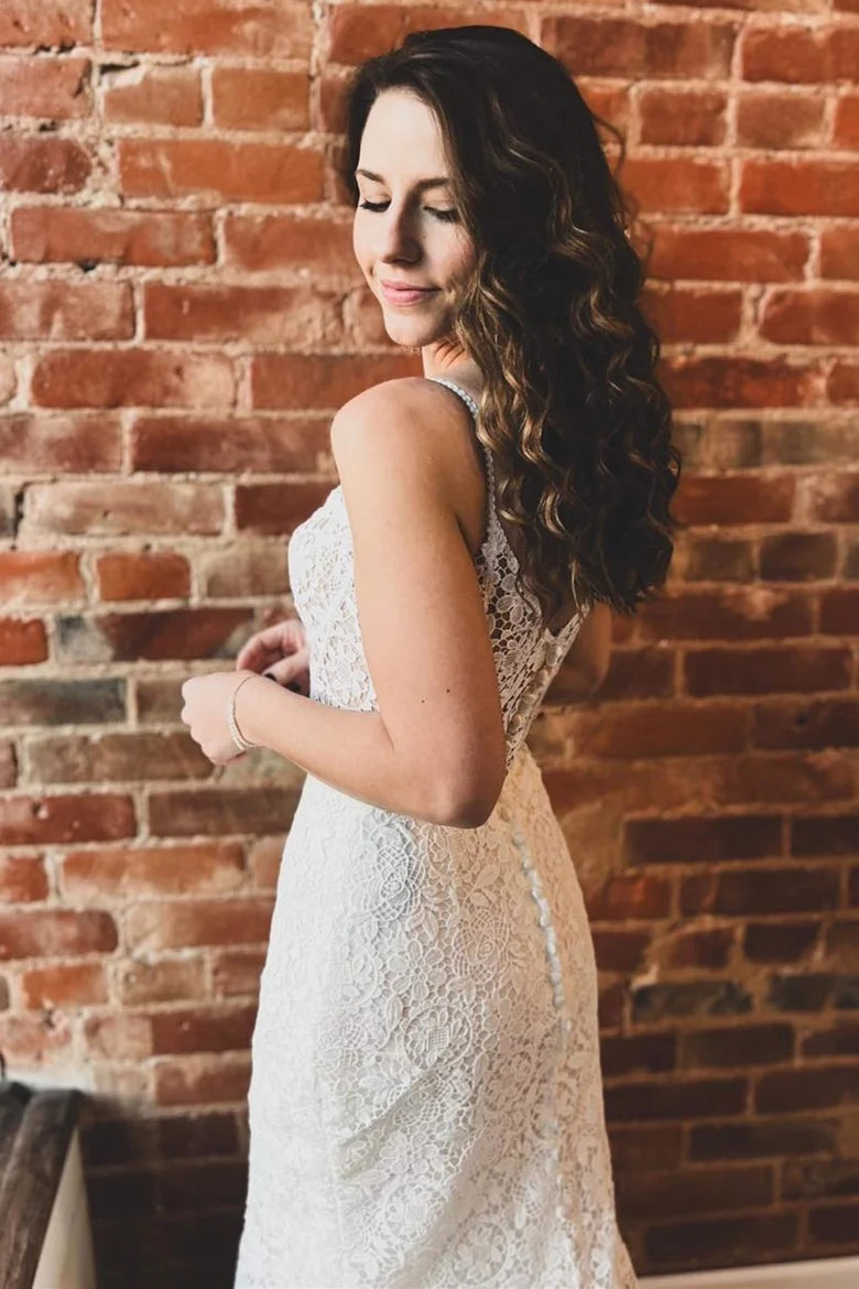 Off White Lace Sweetheart Trumpet Long Wedding Dress