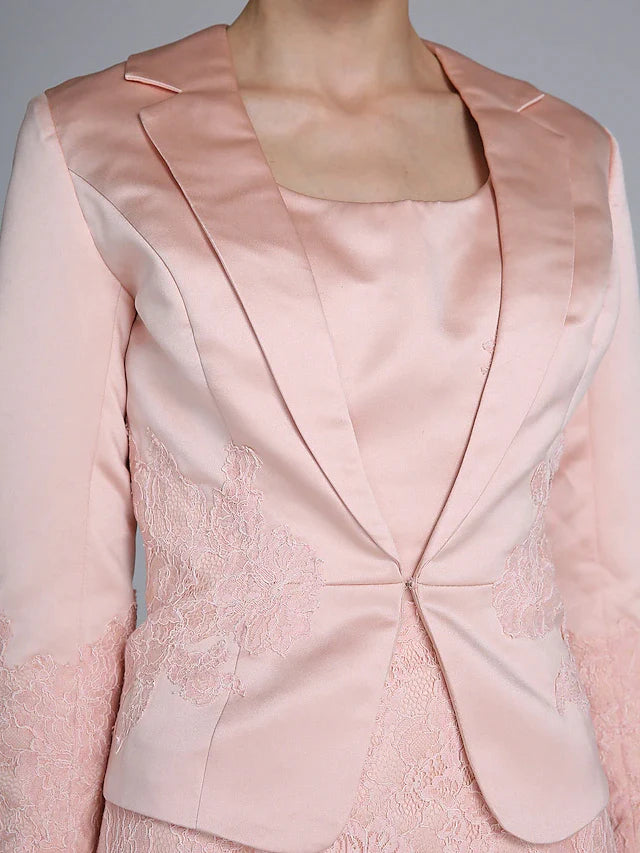 Mother of the Bride Dress Convertible Dress Scoop Neck Short Mini Lace Satin Long Sleeve with Lace Appliques