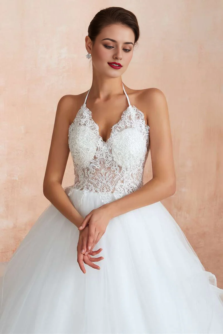 Chic Lace Halter Backless A-Line Wedding Dress