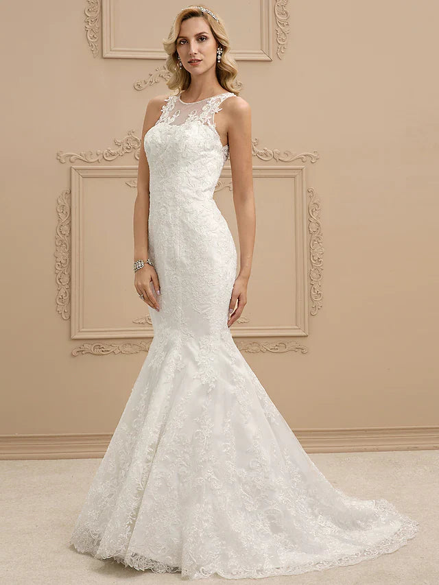 Dingji Wedding Dresses Bateau Neck All Over Lace Regular Straps Sexy Illusion Detail Backless with Beading Appliques