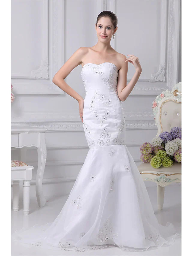 DingjiWedding Dresses Strapless Chapel Train Organza Satin Strapless with Beading Embroidery