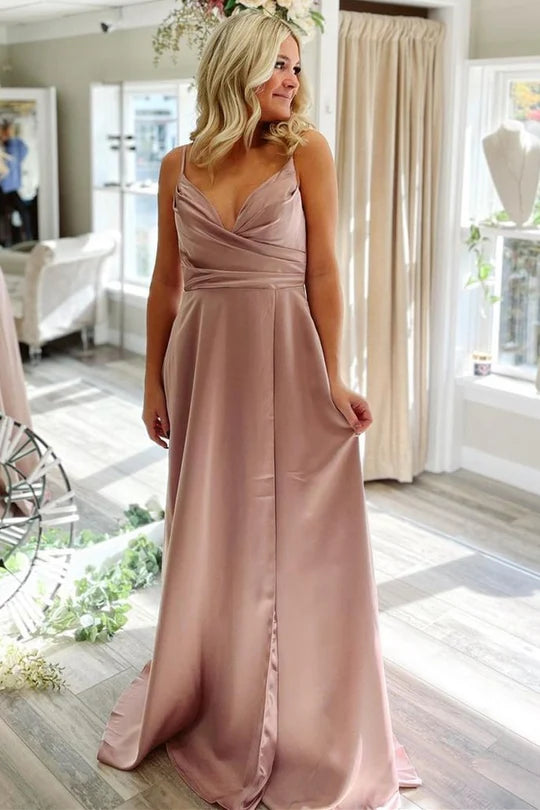 Satin Pleated V-Neck Backless Long Prom Dress