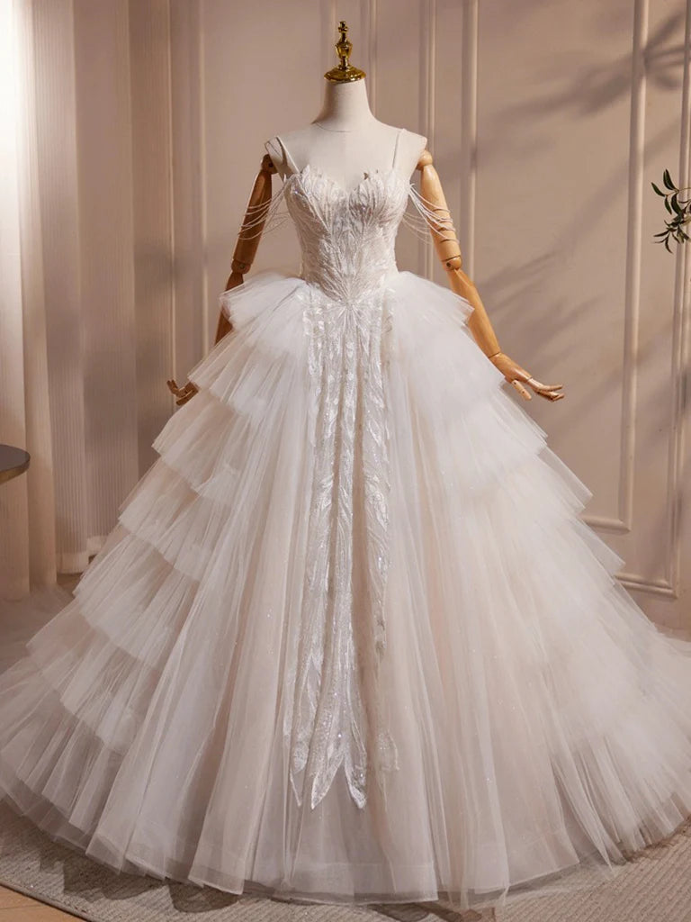 A-Line Sweetheart Neck Tulle Lace Light Champagne Long Wedding Dress with